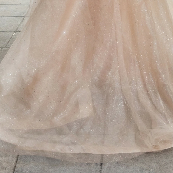 Champagne gold off the shoulder long sleeve floor length gown - Picture 11 of 15